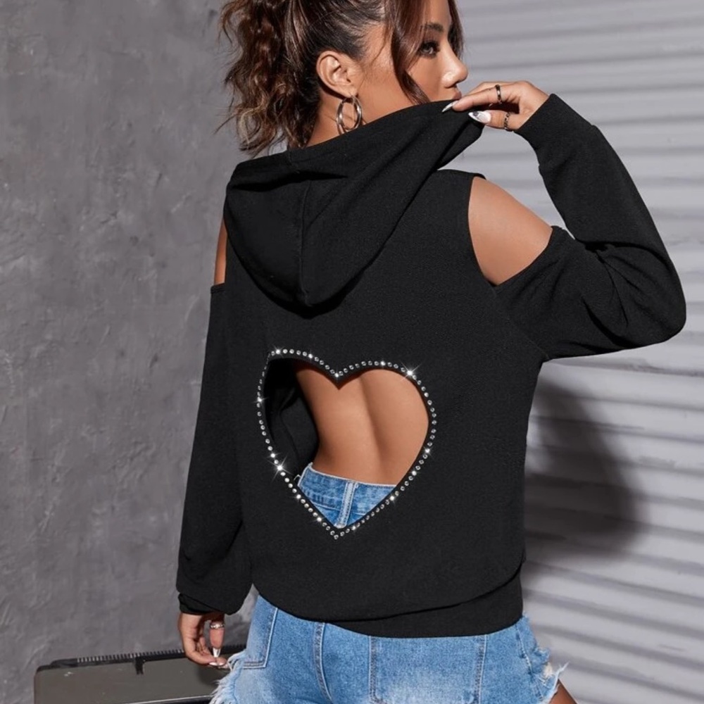 ICON Heart Cut Out Back Rhinestone Detail Drawstring Hoodie